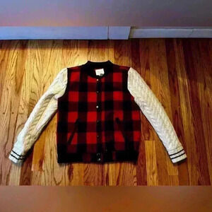 FOREVER 21 - Red and Black Plaid Jacket with
Sweater Sleeves - Medium